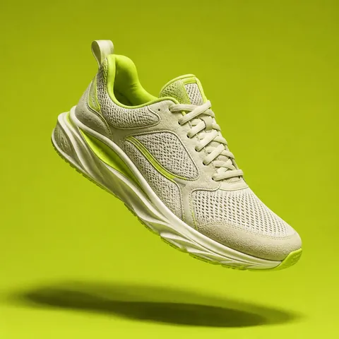 Sample ad made with Vidi: a light green running shoe floating above a lime green background.