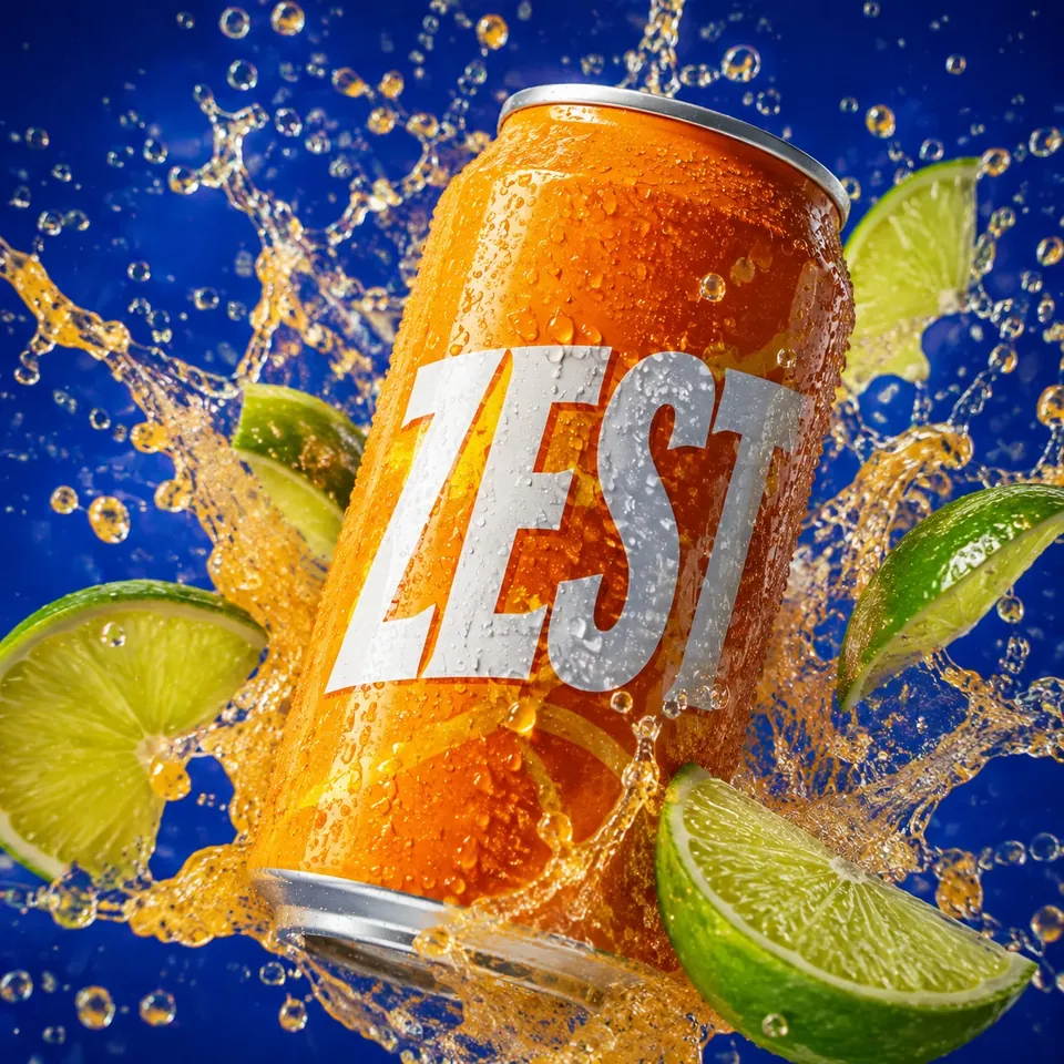 Sample ad made with Vidi: an orange soda can bursting through a splash of juice and lime slices on a bright blue background.